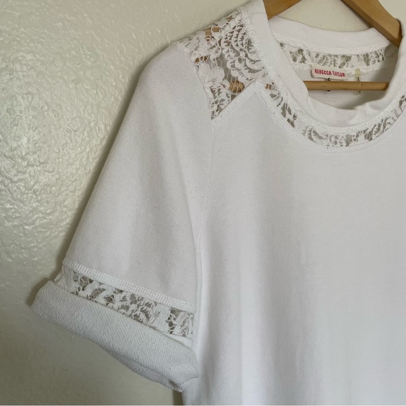 Rebecca Taylor White Short Sleeve Terry Cloth Lace Crew Neck T-Shirt Blouse S - Picture 6 of 15